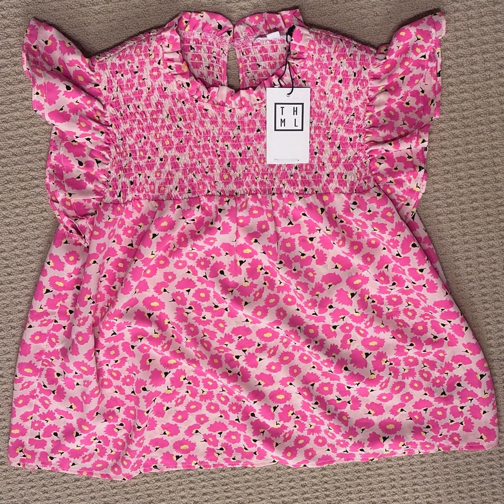 THML Pink Floral Smocked Blouse